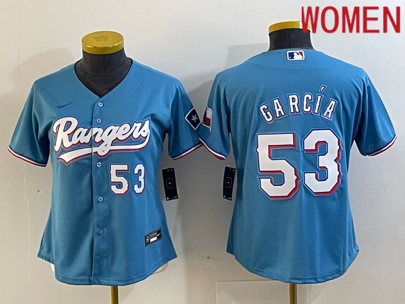 Women Texas Rangers 53 Garcia Light Blue Game Nike 2023 MLB Jersey style 2
